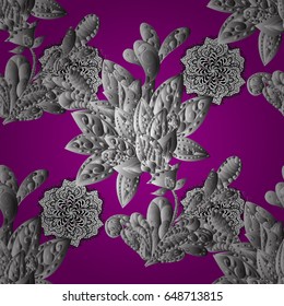 Seamless vintage pattern on magenta background with grayen elements. Christmas, snowflake, new year. Gray seamless pattern on magenta background with gray elements.