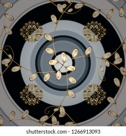 Seamless vintage pattern on neutral and black colors with golden elements. Christmas, snowflake