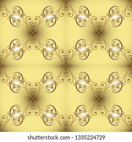 Seamless vintage pattern on neutral and yellow colors with golden elements. Christmas, snowflake, new year 2019.