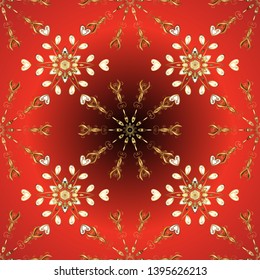 Seamless vintage pattern on orange and red colors with golden elements. Christmas, snowflake, new year 2019.
