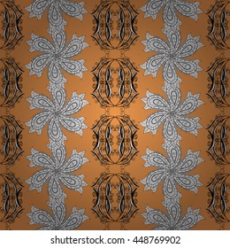 Seamless vintage pattern on orange background with golden elements.