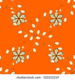 Seamless vintage pattern on orange background with golden elements.