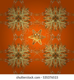 Seamless vintage pattern on orange background with golden elements.