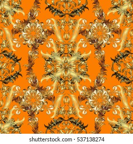 Seamless vintage pattern on orange background with golden elements.