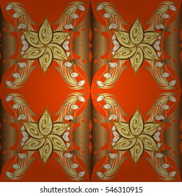 Seamless vintage pattern on orange background with golden elements. Radial gradient shape.
