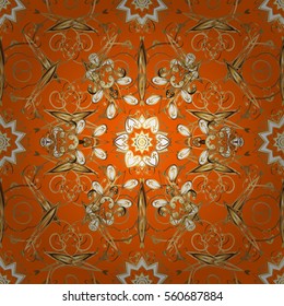 Seamless vintage pattern on orange background with golden elements. Snowflake, New Year, Christmas. Radial gradient shape.