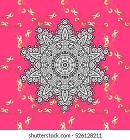 Seamless vintage pattern on pink background with golden and white elements.