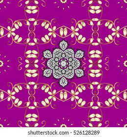 Seamless vintage pattern on pink background with golden and white elements.