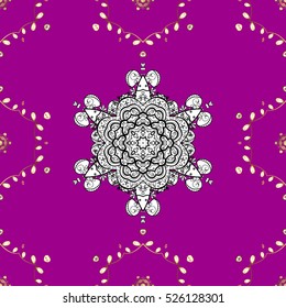 Seamless vintage pattern on pink background with golden and white elements.