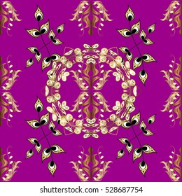 Seamless vintage pattern on pink and purple background with golden elements.