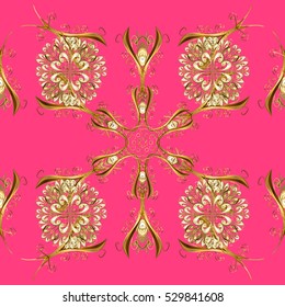 Seamless vintage pattern on pink background with golden elements. Vector.