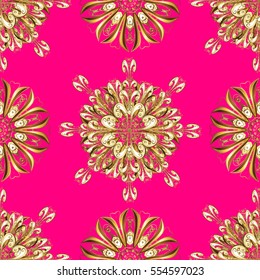 Seamless vintage pattern on pink background with golden elements.