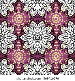 Seamless vintage pattern on pink background with golden and white elements.