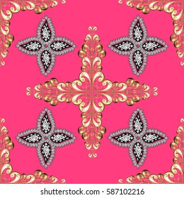 Seamless vintage pattern on pink background with golden elements and with white doodles. Christmas, snowflake, new year.