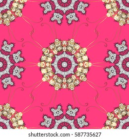 Seamless vintage pattern on pink background with golden elements and with white doodles. Christmas, snowflake, new year.