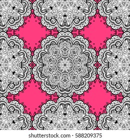 Seamless vintage pattern on pink background with white elements and with white doodles. Christmas, snowflake, new year.