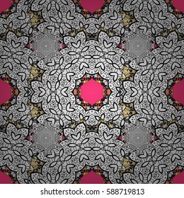 Seamless vintage pattern on pink background with golden elements and with white doodles. Christmas, snowflake, new year.