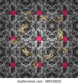 Seamless vintage pattern on pink background with golden elements and with white doodles. Christmas, snowflake, new year.