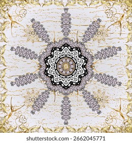 Seamless vintage pattern on pleasant colors with golden elements. Christmas, snowflake, new year. Golden seamless pattern on pleasant colors with golden elements.
