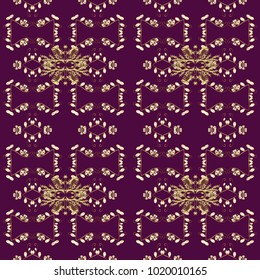 Seamless vintage pattern on purple, brown and white colors with golden elements. Christmas, snowflake, new year. Golden seamless pattern on purple, brown and white colors with golden elements.