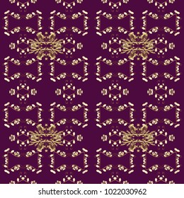 Seamless vintage pattern on purple, brown and white colors with golden elements. Christmas, snowflake, new year. Golden seamless pattern on purple, brown and white colors with golden elements.