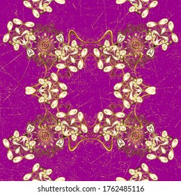 Seamless vintage pattern on purple and brown colors with golden elements. Golden seamless pattern on purple and brown colors with golden elements. Christmas, snowflake, new year.