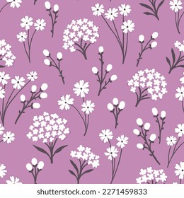Seamless vintage pattern on purple background. Small white flowers. Vector texture. fashionable print for textiles and wallpaper.