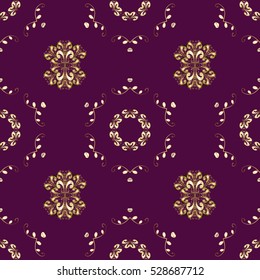 Seamless vintage pattern on Purple background with golden elements.
