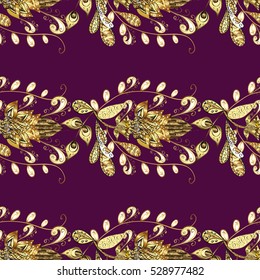 Seamless vintage pattern on purple background with golden elements.