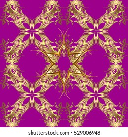Seamless vintage pattern on purple background with golden elements.