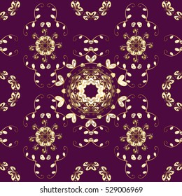 Seamless vintage pattern on purple background with golden elements.