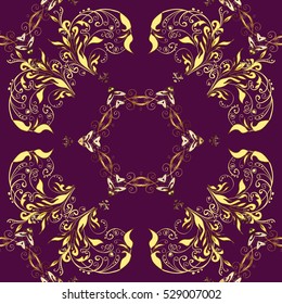 Seamless vintage pattern on purple background with golden elements.