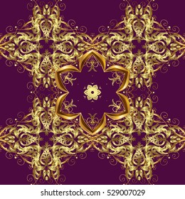 Seamless vintage pattern on purple background with golden elements.