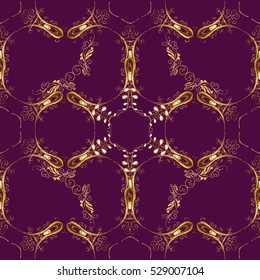 Seamless vintage pattern on purple background with golden elements.
