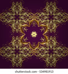Seamless vintage pattern on purple background with golden elements.