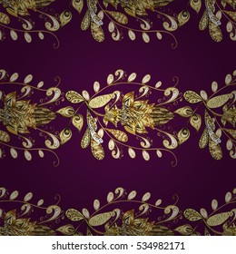 Seamless vintage pattern on purple background with golden elements.