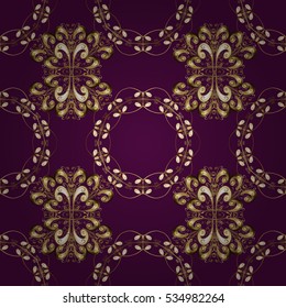 Seamless vintage pattern on purple background with golden elements.