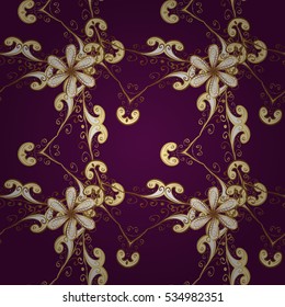 Seamless vintage pattern on purple background with golden elements.