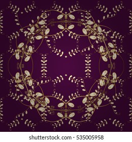 Seamless vintage pattern on purple background with golden elements.