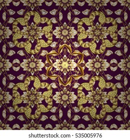 Seamless vintage pattern on purple background with golden elements.