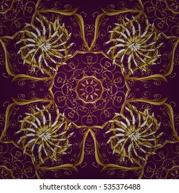 Seamless vintage pattern on Purple background with golden elements.
