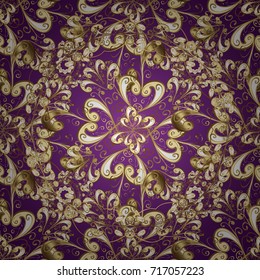 Seamless vintage pattern on purple, beige and brown colors with golden elements. Christmas, snowflake, new year 2019.
