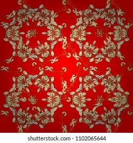 Seamless vintage pattern on red, brown and beige colors with golden elements. Christmas, snowflake, new year. Golden seamless pattern on red, brown and beige colors with golden elements.