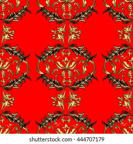 Seamless vintage pattern on red background with golden elements.