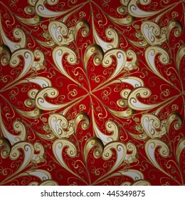 Seamless vintage pattern on red background with golden elements.