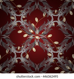 Seamless vintage pattern on red background with golden and silver elements.