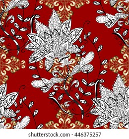 Seamless vintage pattern on red background with golden elements.