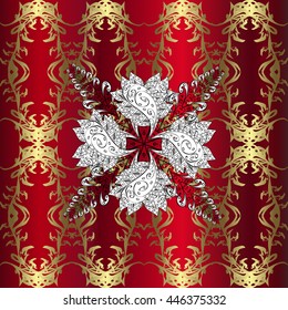 Seamless vintage pattern on red background with golden elements.