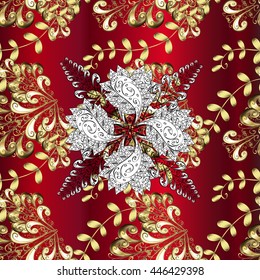 Seamless vintage pattern on red background with golden elements.