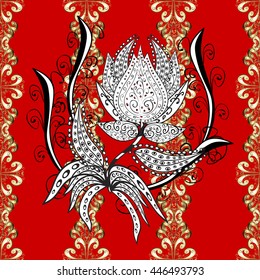 Seamless vintage pattern on red background with golden elements.